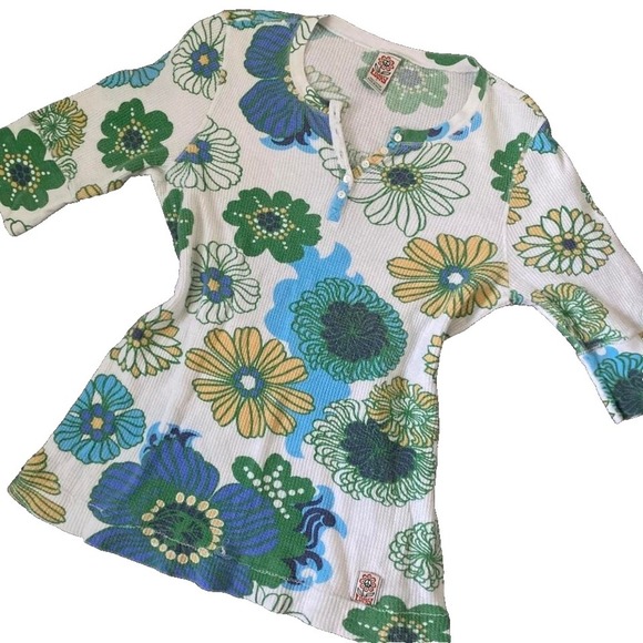 Vintage Lucky Brand Y2K Floral Henley Women's Top Waffle Texture 3/4 Sleeve L - Picture 2 of 5